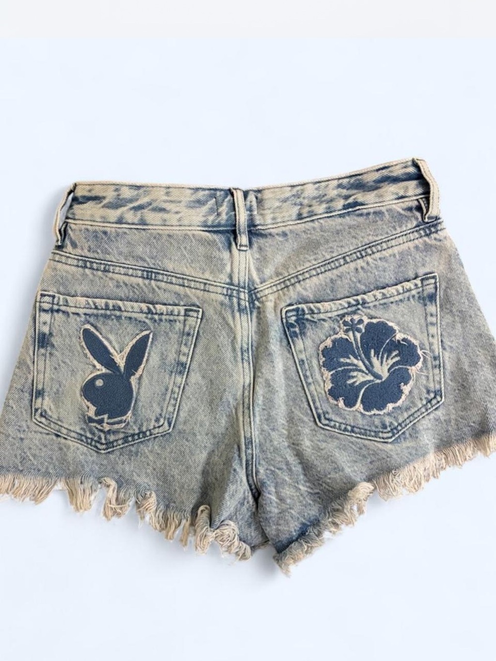 PacSun Light Blue Distressed Denim Shorts with Bunny & Floral Patches